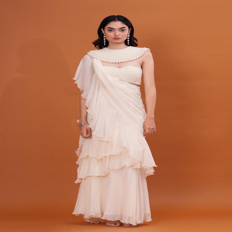 Ivory Ruffle Saree with Heavy Pearl Embroidery