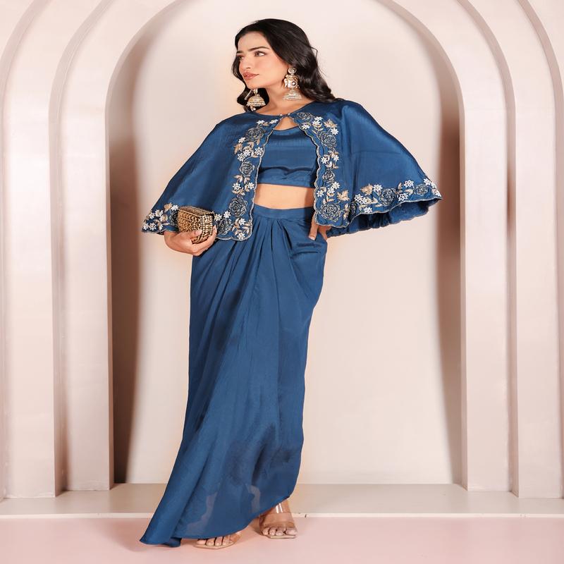 Blue crush chinon pure hand embroidered cape with blouse and drape skirt set