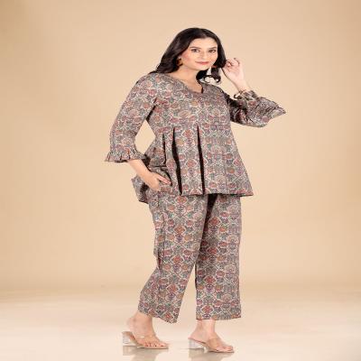 Light brown multicolored floral printed box pleated co-ord set