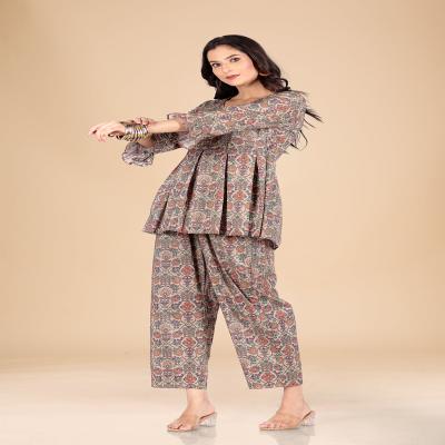Light brown multicolored floral printed box pleated co-ord set