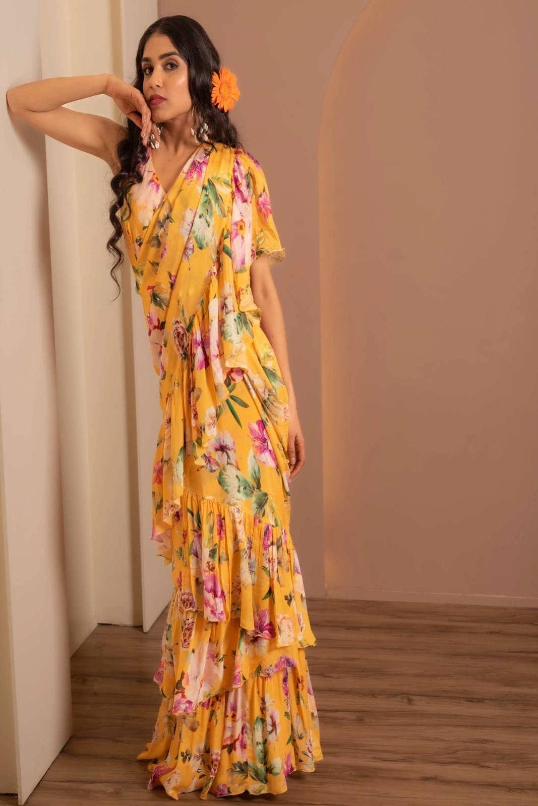 Sunkissed Floral Georgette Ruffle Saree