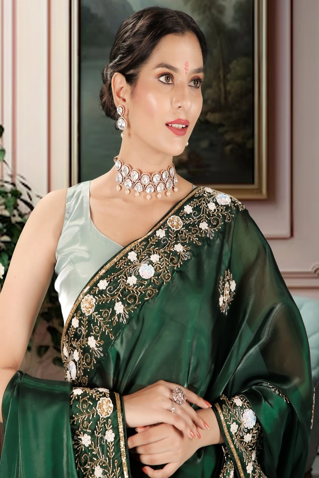 Bottle Green Pure Hand-Embroidered Shimmer Organza Saree