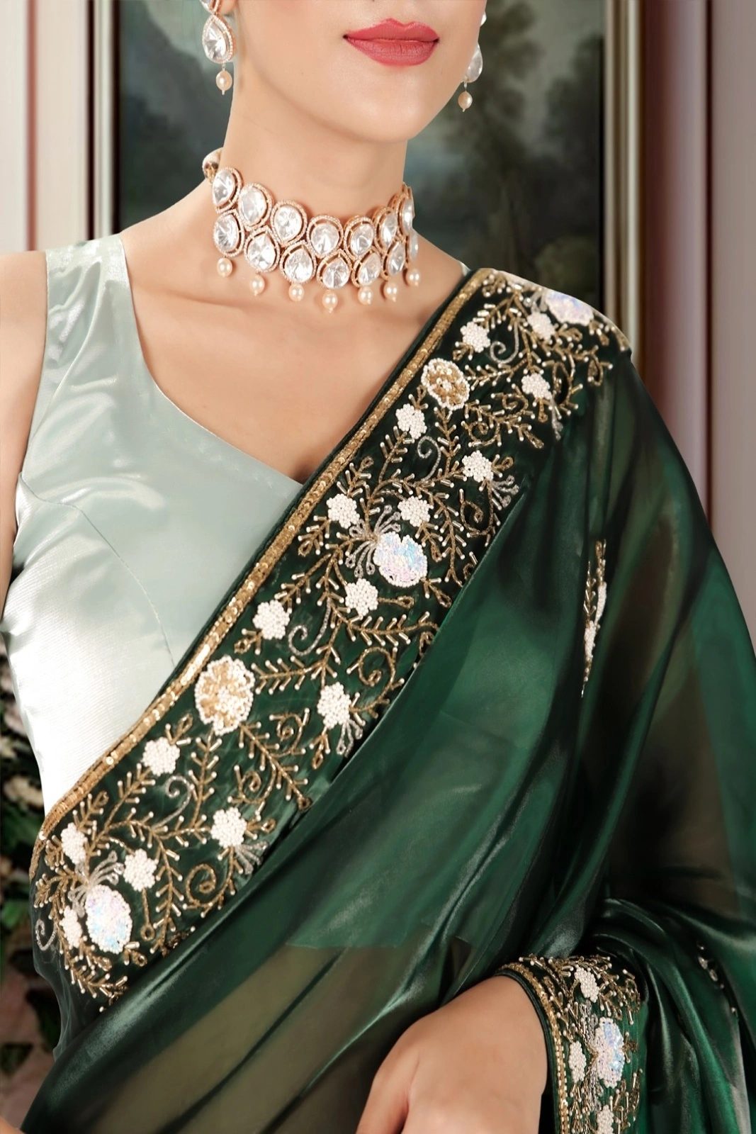 Bottle Green Pure Hand-Embroidered Shimmer Organza Saree