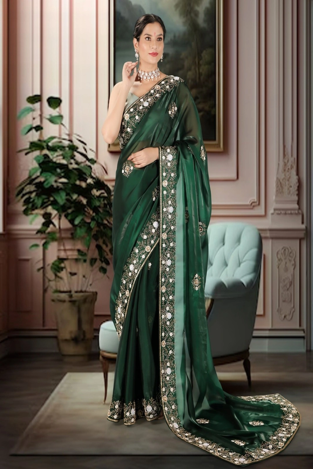 Bottle Green Pure Hand-Embroidered Shimmer Organza Saree