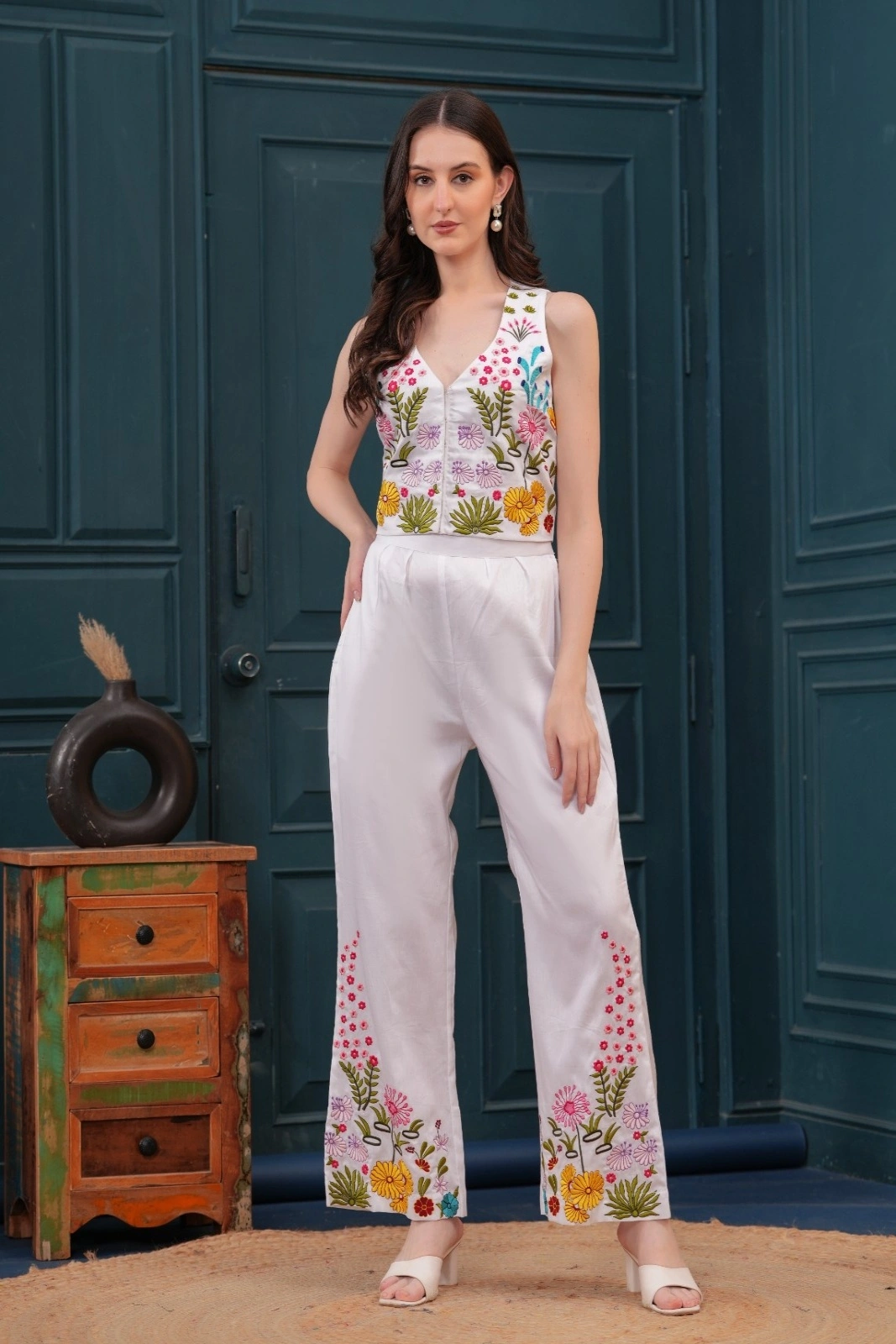 White-Rainbow Garden Embroidered Co-ord Set