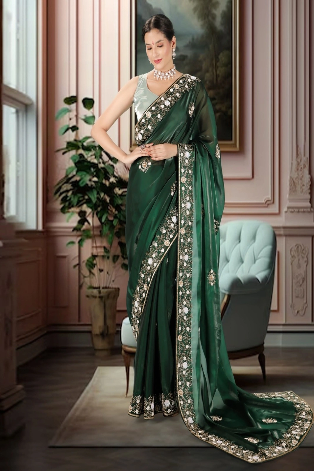Bottle Green Pure Hand-Embroidered Shimmer Organza Saree