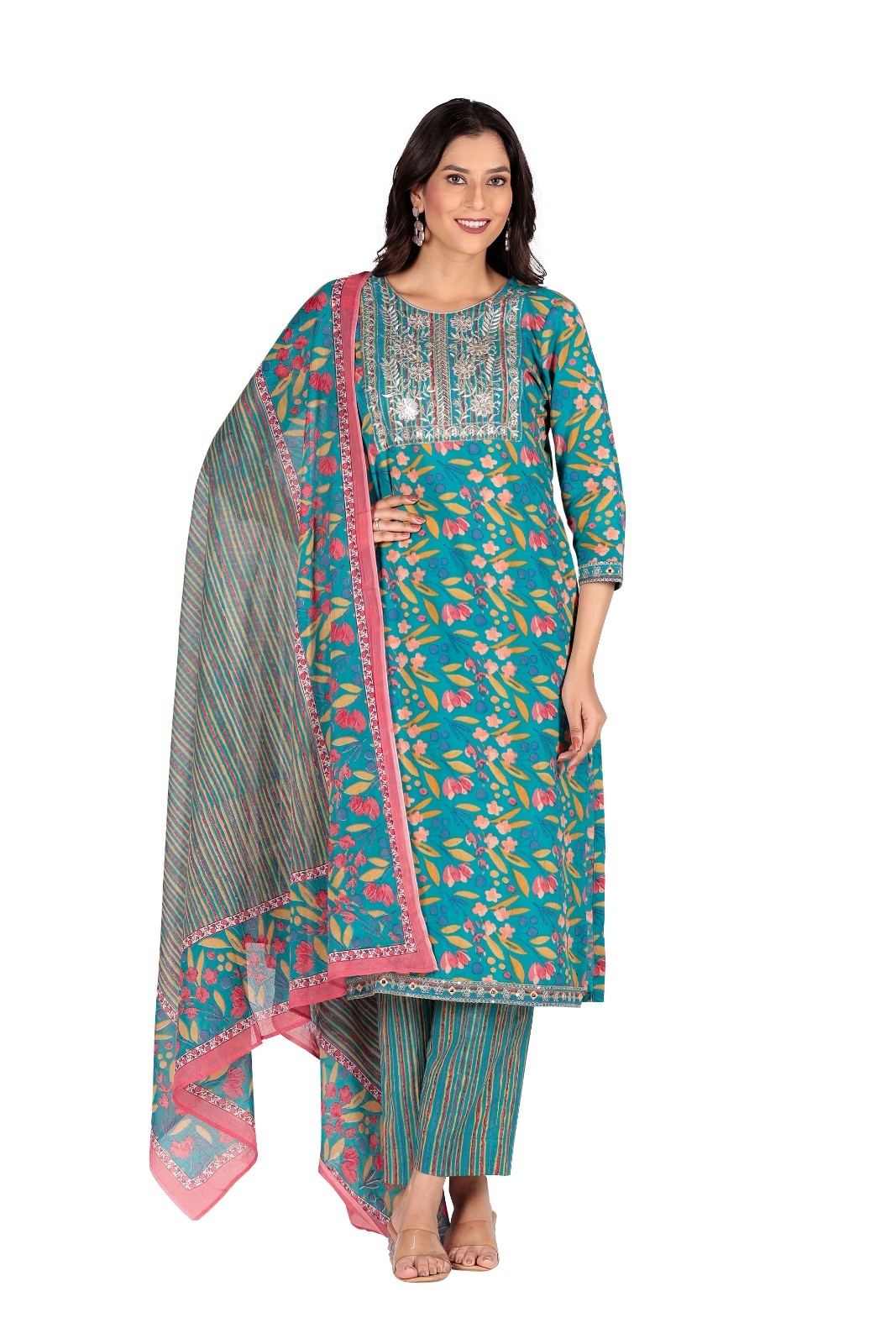 Teal Floral Embroidered Kurta Set