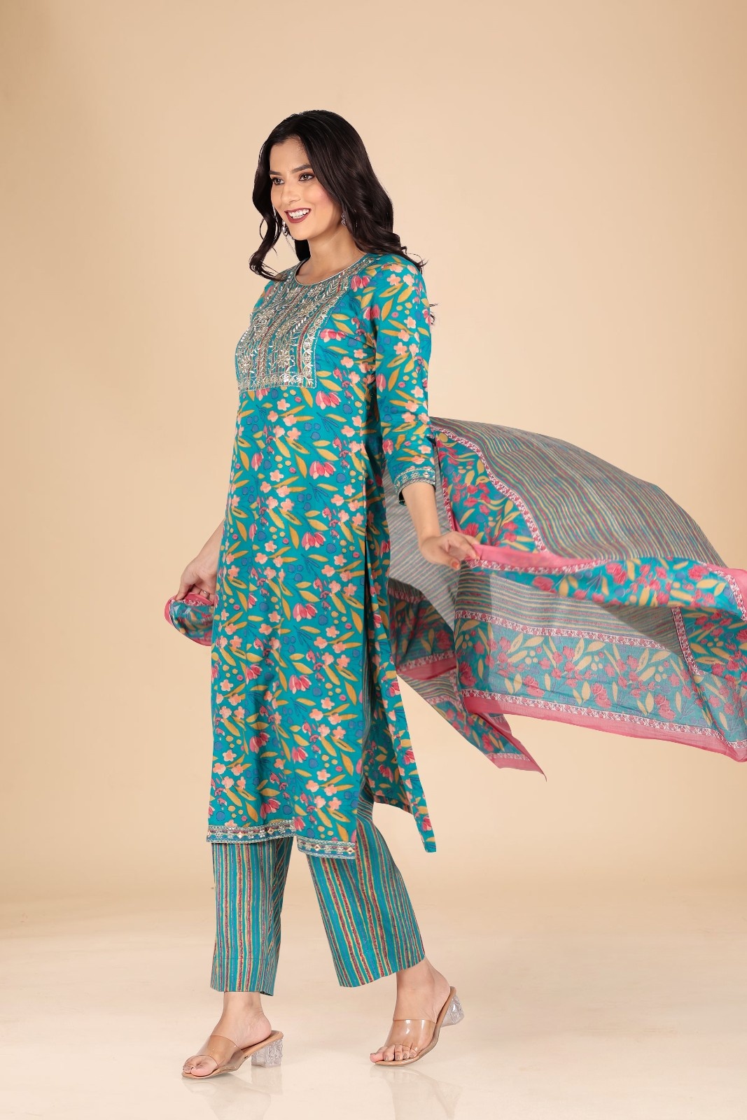 Teal Floral Embroidered Kurta Set