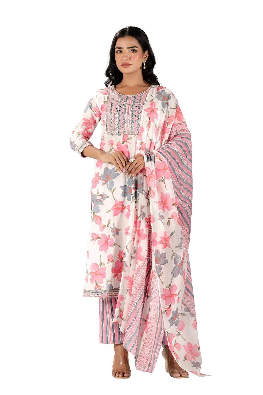 White Pink Floral Embroidered Kurta Set