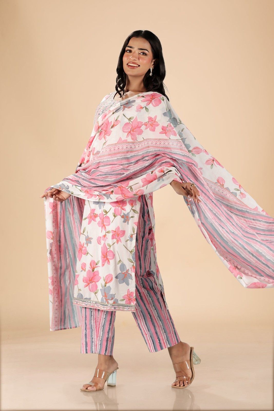 White Pink Floral Embroidered Kurta Set