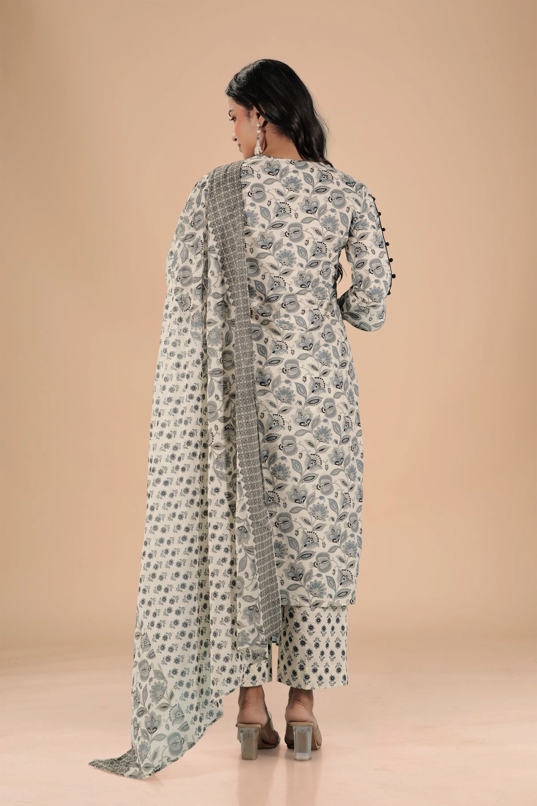 White and Black Floral Kurta Set