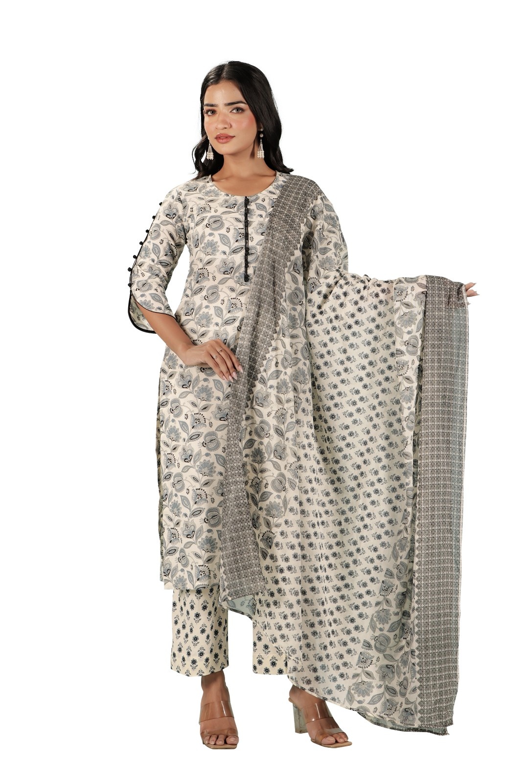 White and Black Floral Kurta Set
