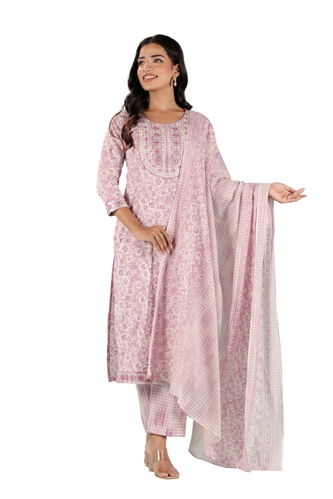Mauve Floral Embroidered Kurta Set
