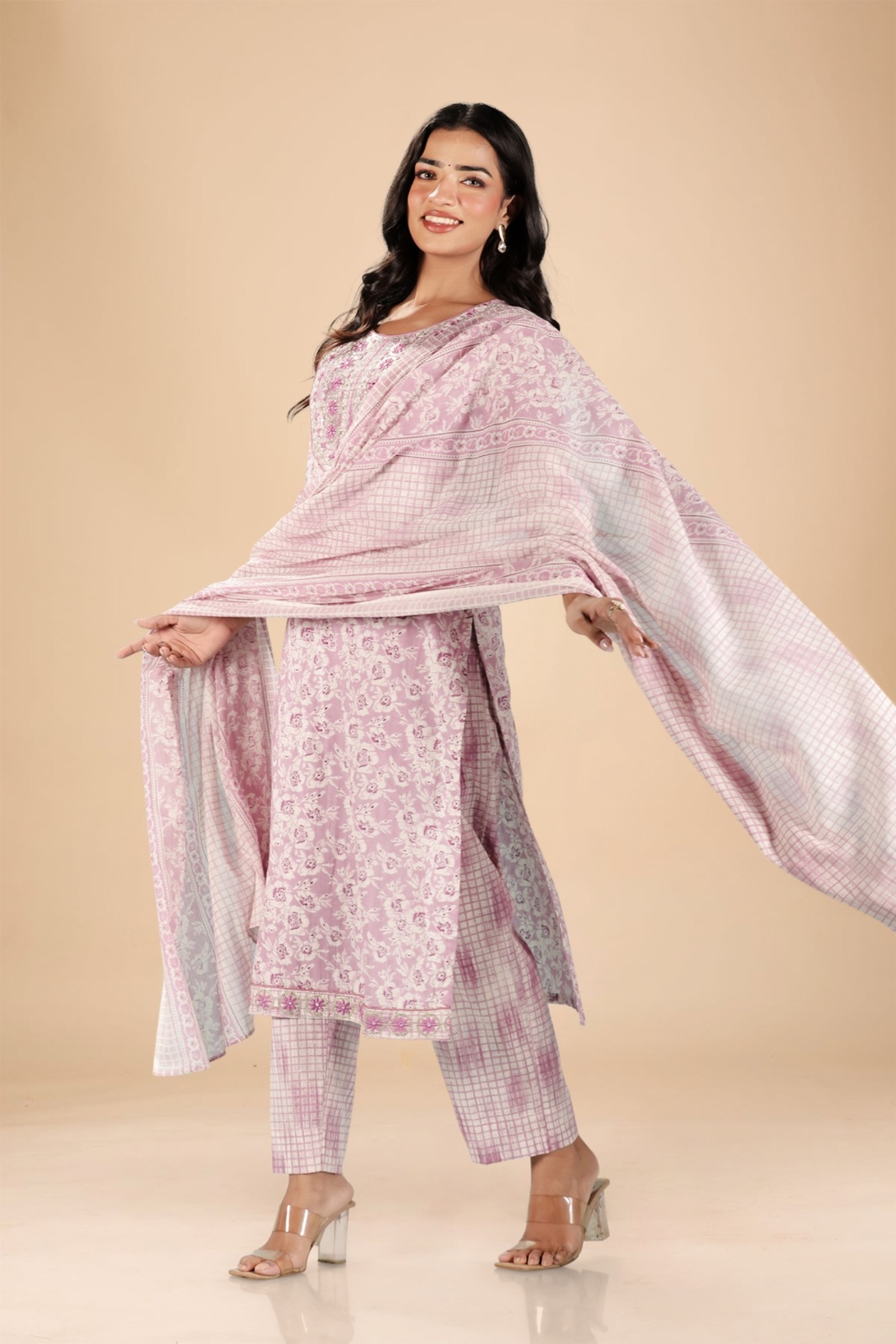 Mauve Floral Embroidered Kurta Set