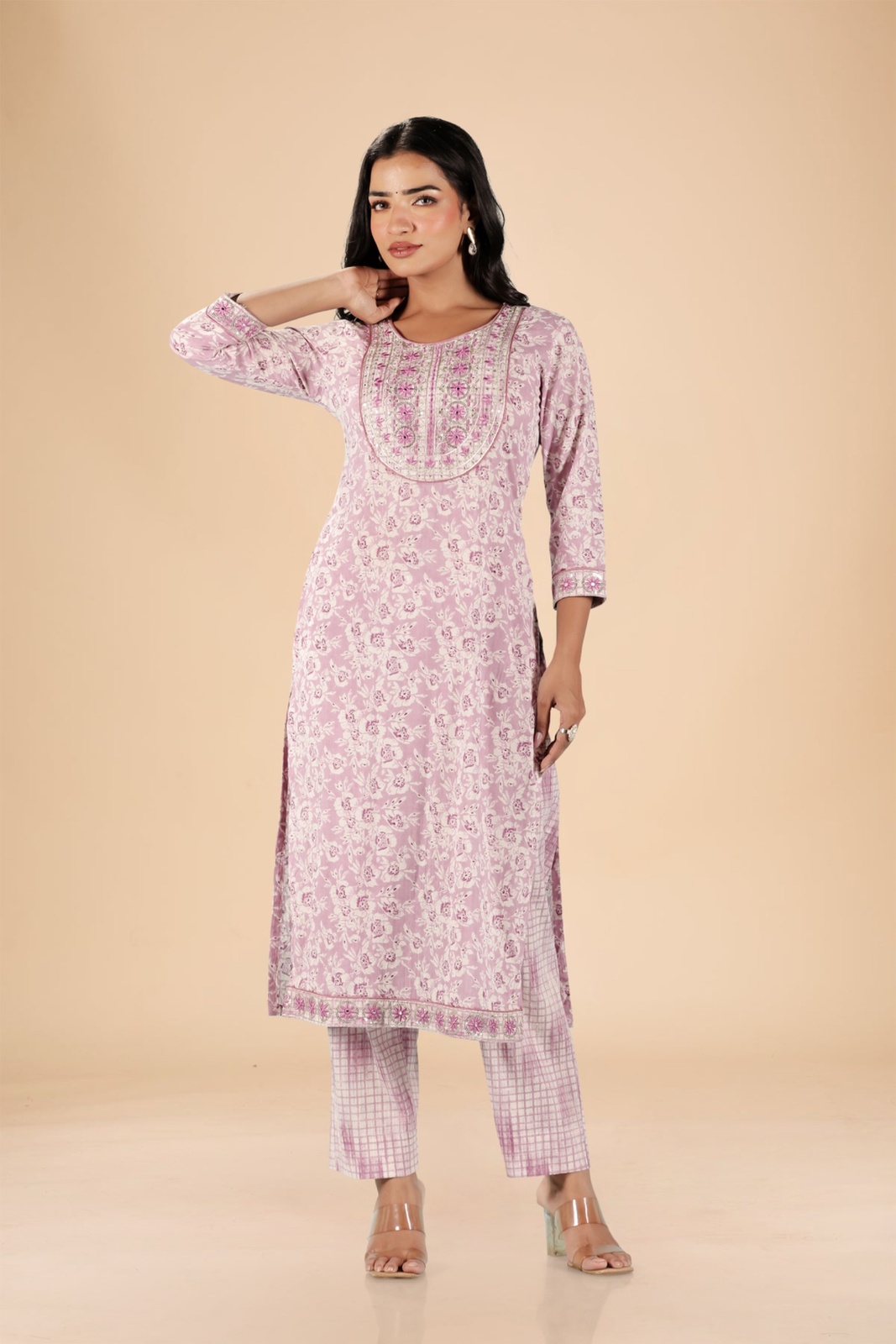 Mauve Floral Embroidered Kurta Set