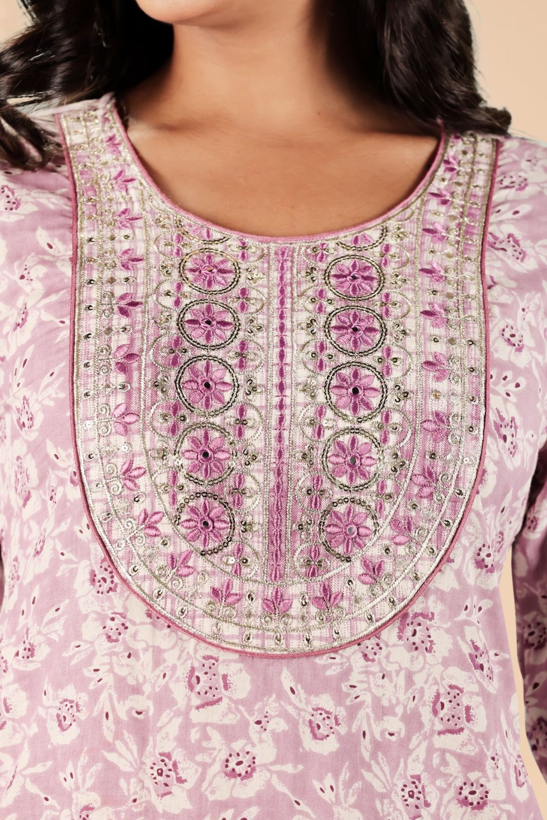 Mauve Floral Embroidered Kurta Set