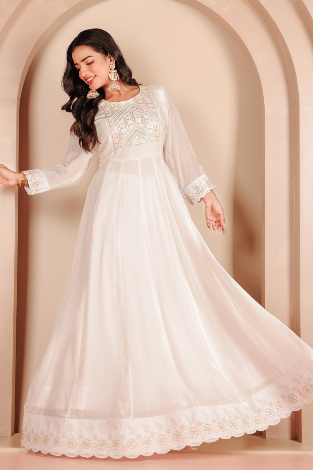 White Hand-Embroidered Crepe Anarkali