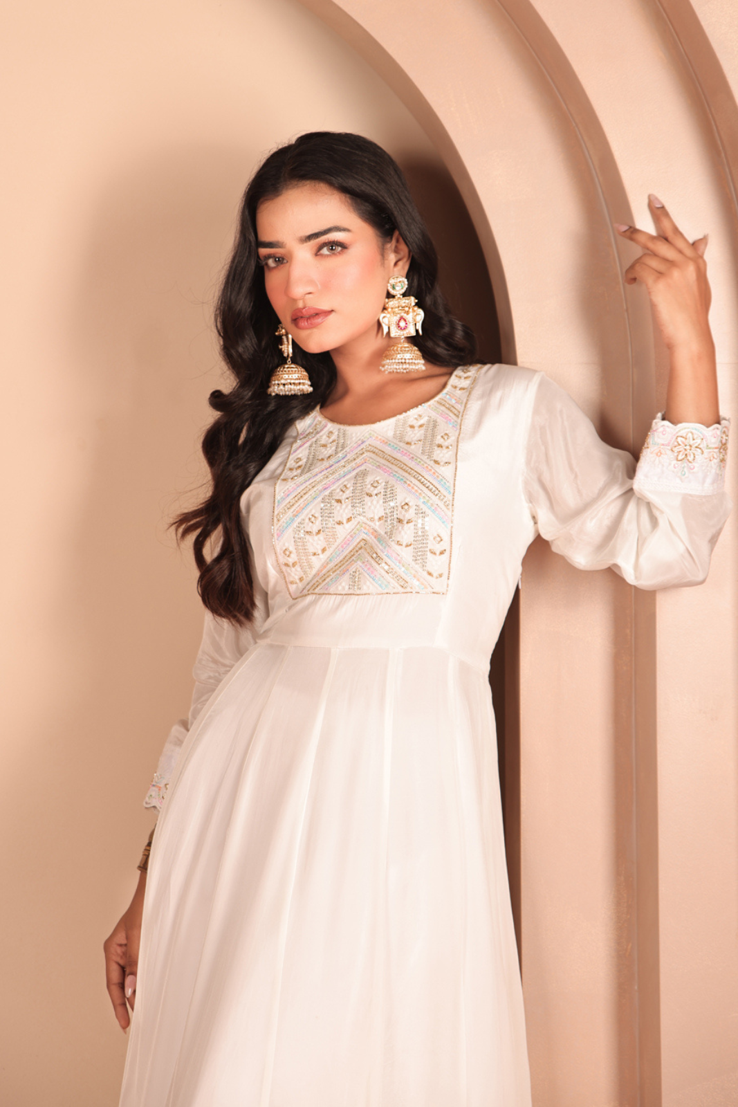 White Hand-Embroidered Crepe Anarkali