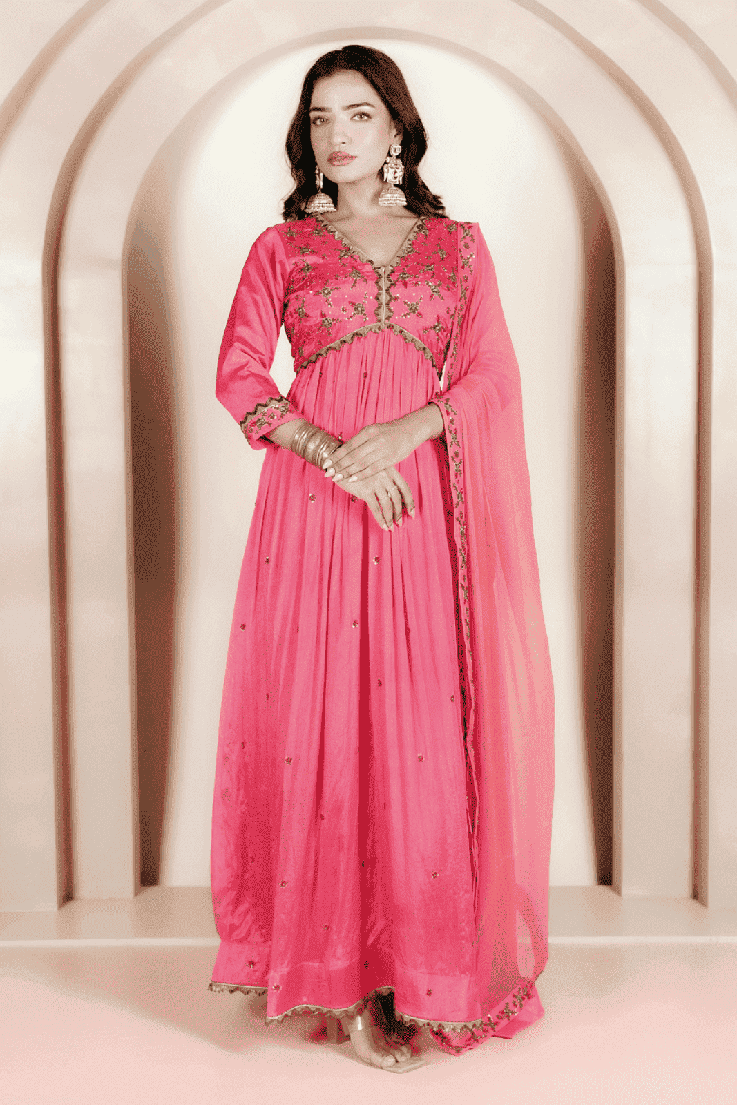 Coral Hand-Embroidered Anarkali Set