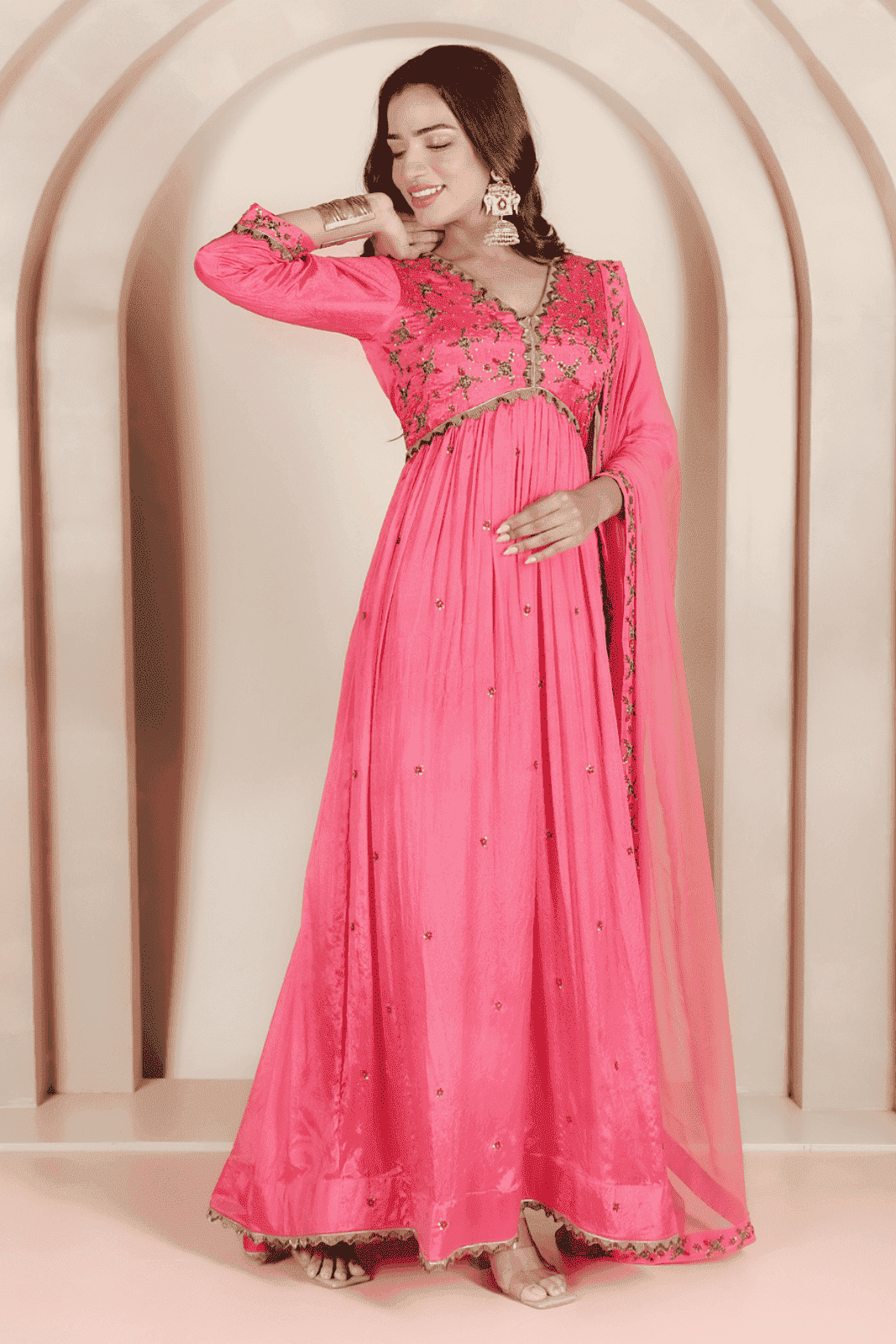 Coral Hand-Embroidered Anarkali Set
