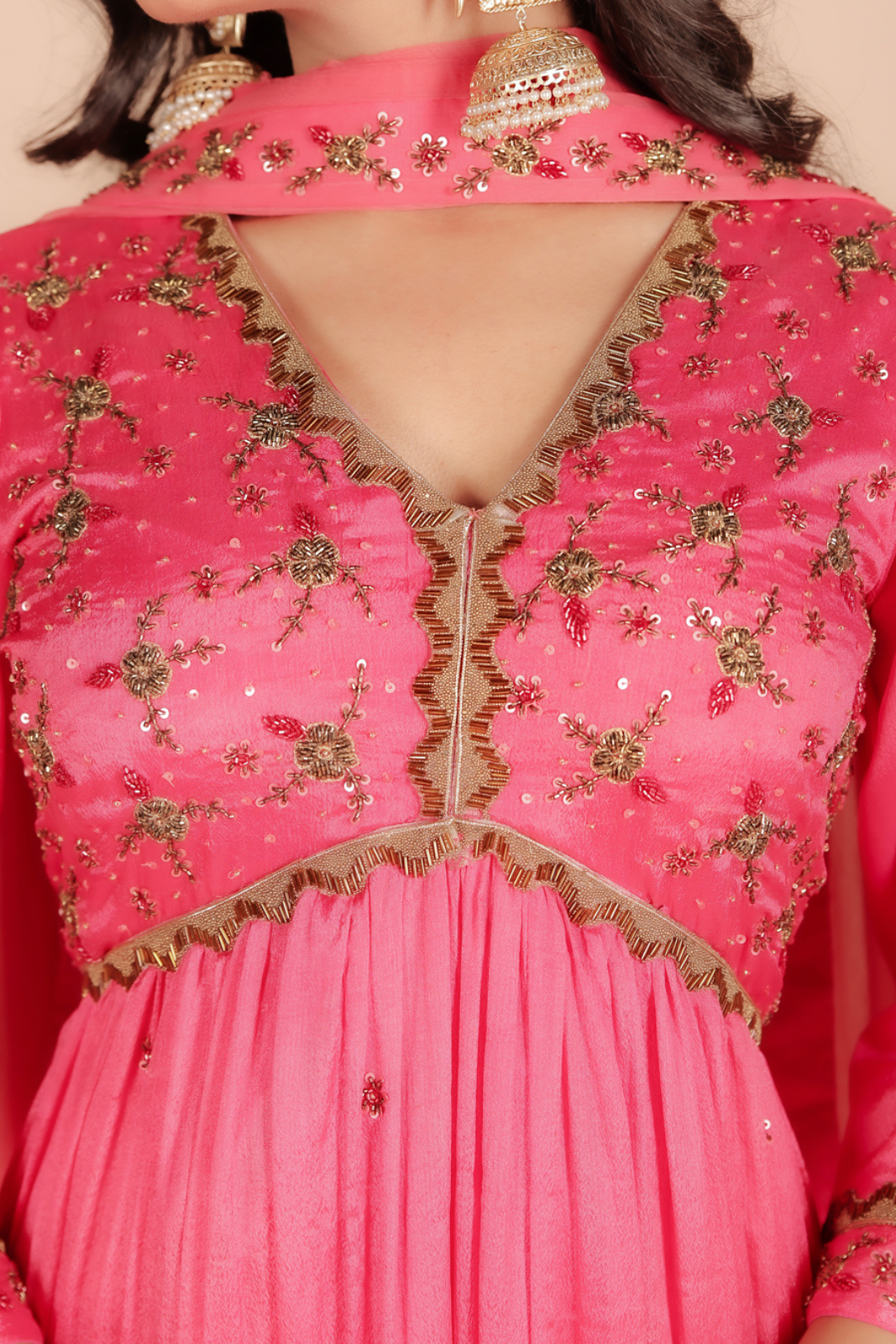 Coral Hand-Embroidered Anarkali Set