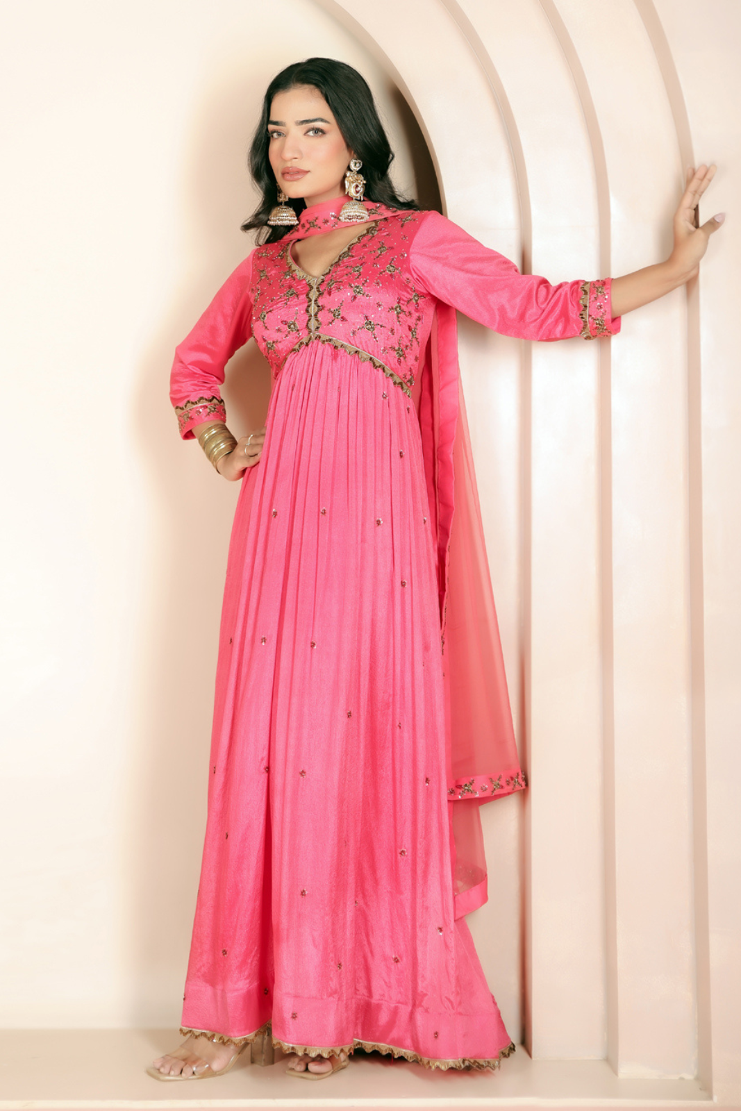 Coral Hand-Embroidered Anarkali Set
