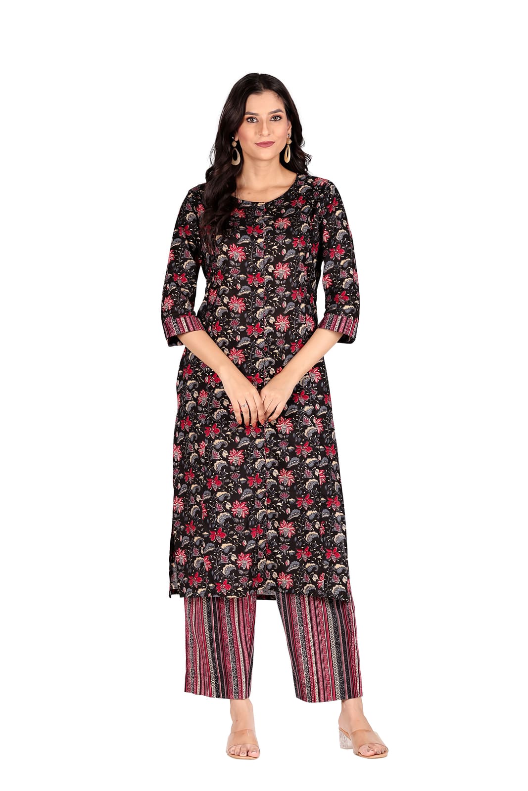 Black and Red Multicolor Floral Kurta Set