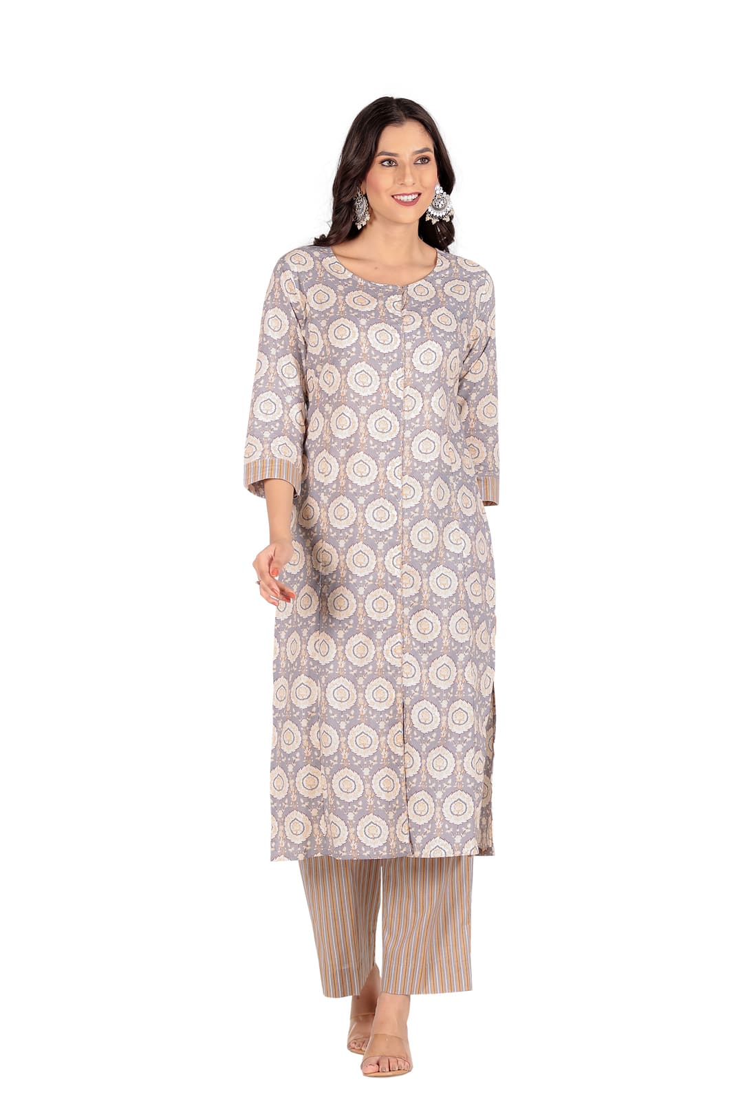 Grey and White Floral Kurta Set