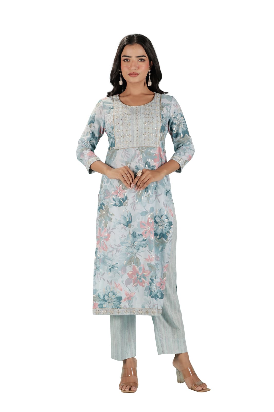 Pastel Blue Floral Embroidered Kurta Set
