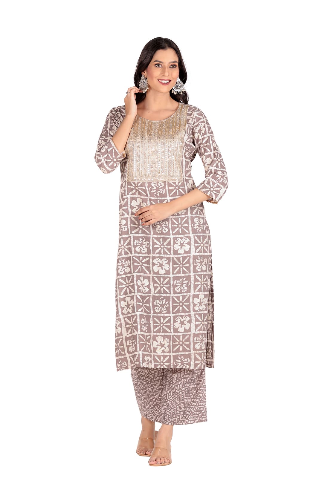 Light Brown Geometric Print Kurta Set