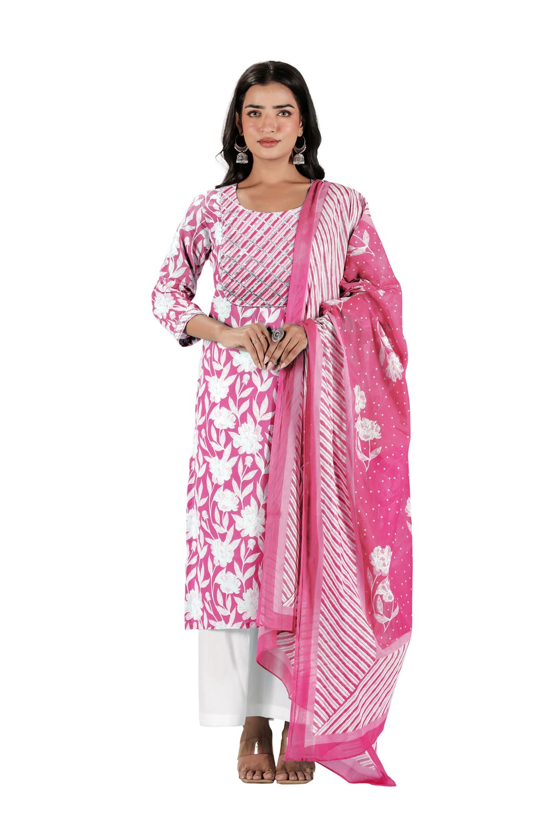 Pink White Floral Embroidered Kurta Set