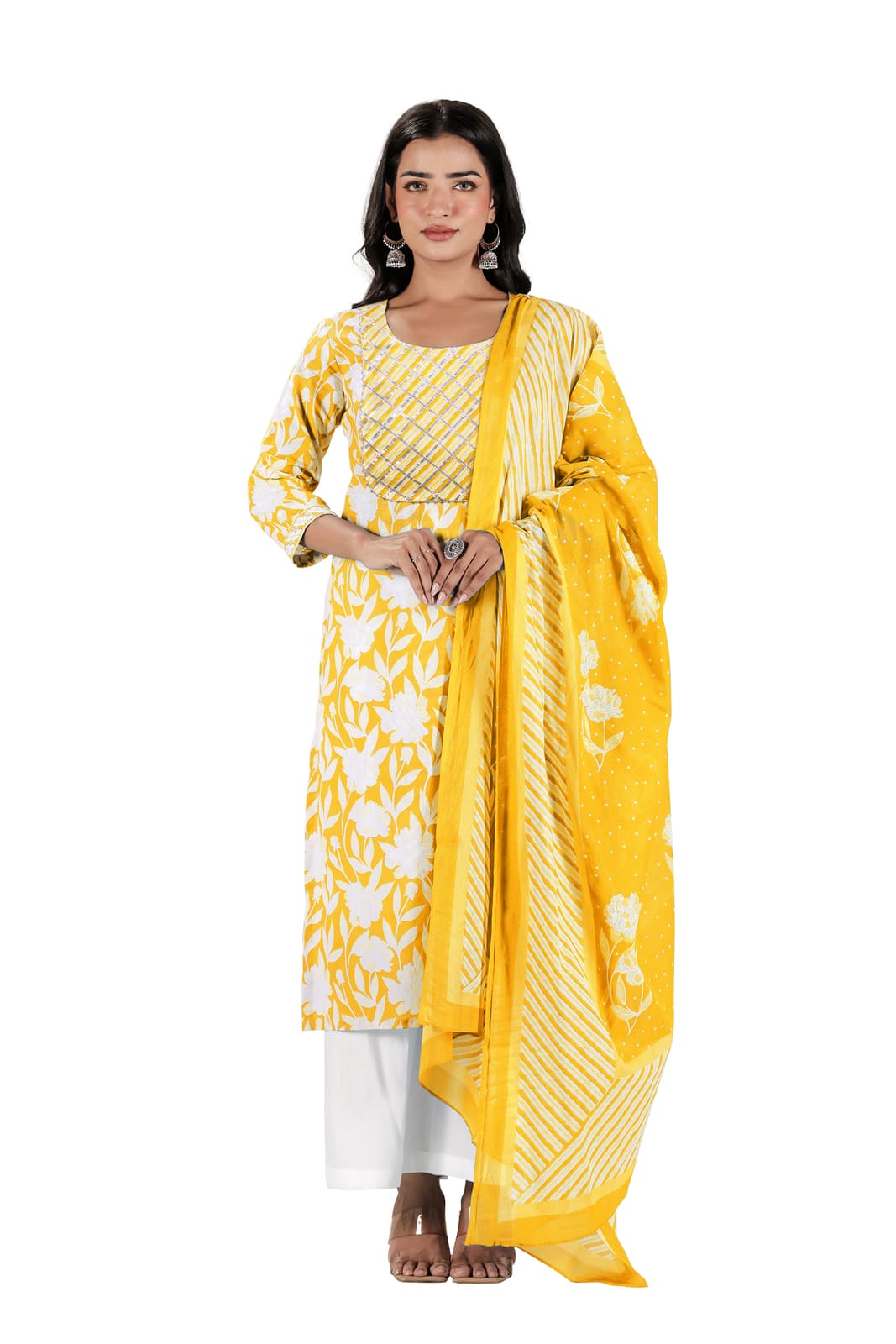 Yellow White Floral Embroidered Kurta Set