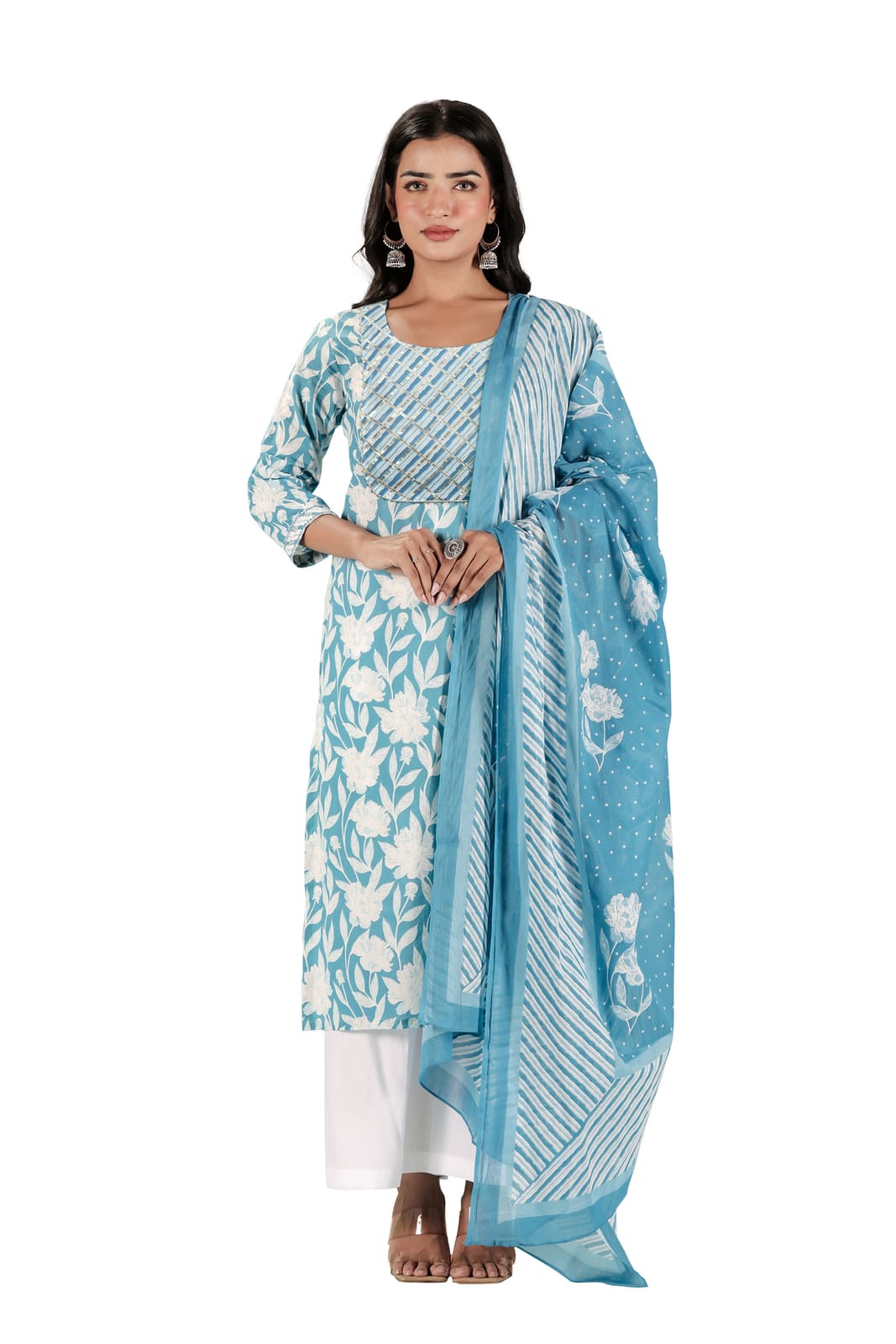 Blue & White Floral Kurta Set